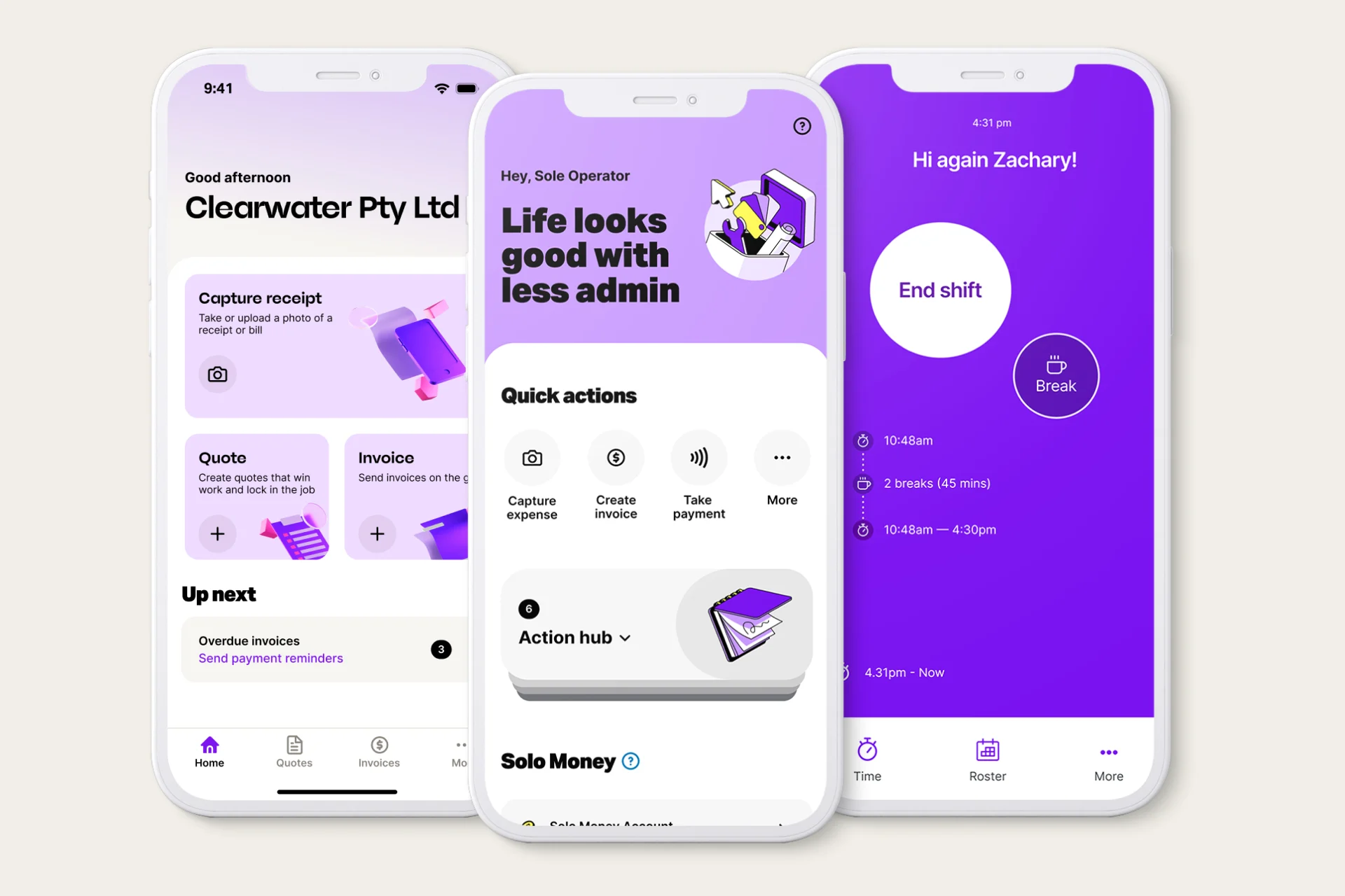 MYOB has products to suit all types of businesses, for example MYOB Business helps business send receipts and invoices on the go with MYOB Assist app, and manage staff with the self-service app MYOB Team. Solo helps sole traders manage invoicing, tax, banking and payments.
