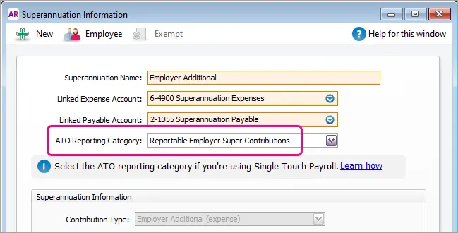 Employer additional super category with reportable employer super ATO category highlighted