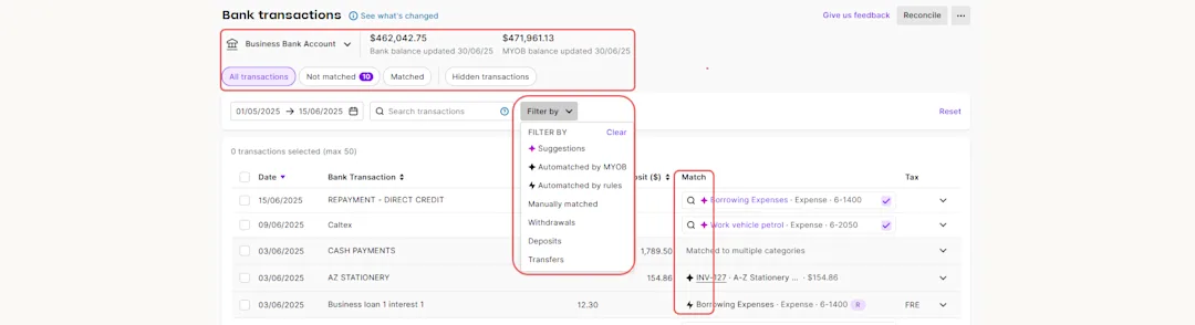 Using the updated Bank transactions page