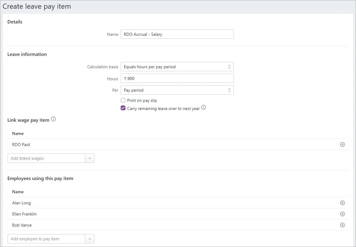 Example RDO accrual pay item for salaried employees