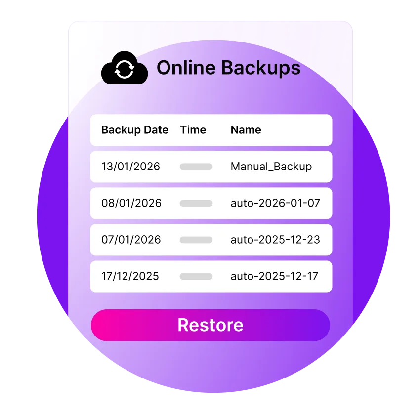 Online backup interface showing a list of four backups from December 2025 to January 2026 with a restore button.