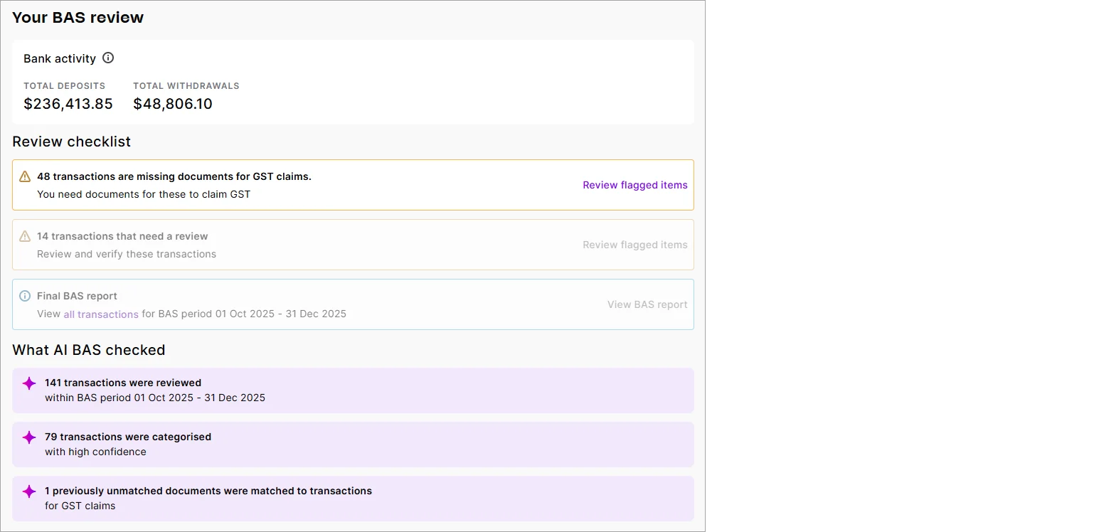 Example BAS review with checklist shown