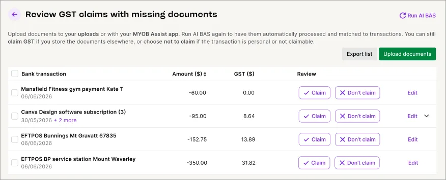 Example review GST claims with missing documents