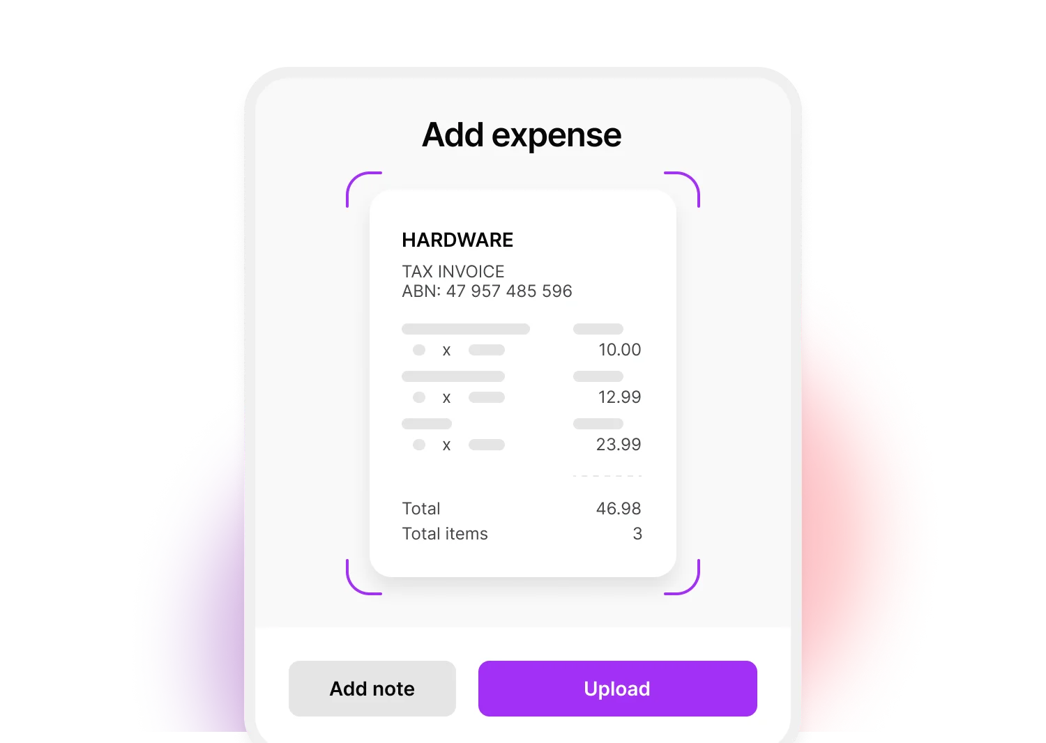 Illustration of the MYOB Capture App. Take a photo with your phone and the app will pull the details and add them to your software. You can even add notes to remind you of the details later on.