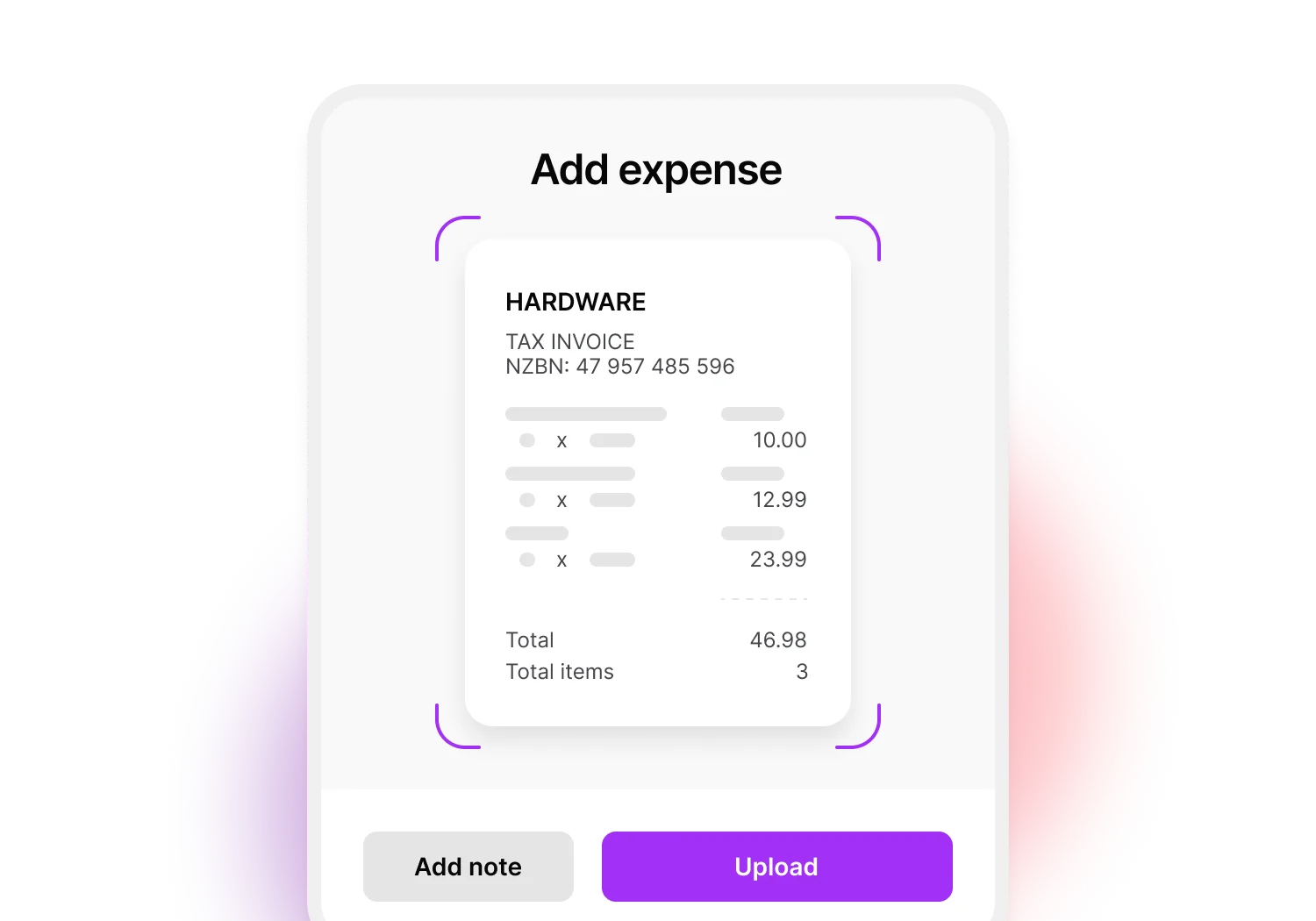 Illustration of the MYOB Capture App. Take a photo with your phone and the app will pull the details and add them to your software. You can even add notes to remind you of the details later on.