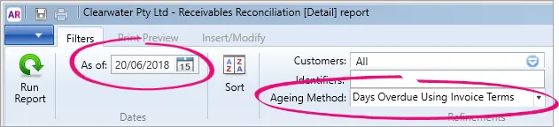 Change the As of date to the statement date and set the Ageing Method to Days Overdue Using Invoice Terms.