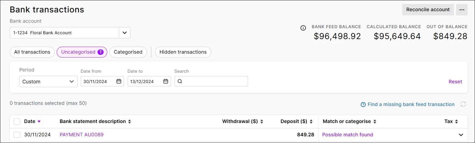 Bank transactions page pre-filtered for the account and uncategorised transaction
