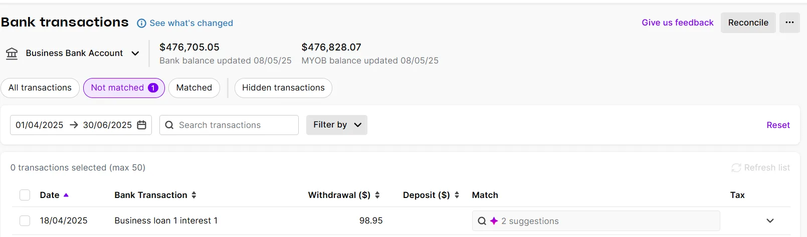 Bank transactions page pre-filtered for the account and uncategorised transaction