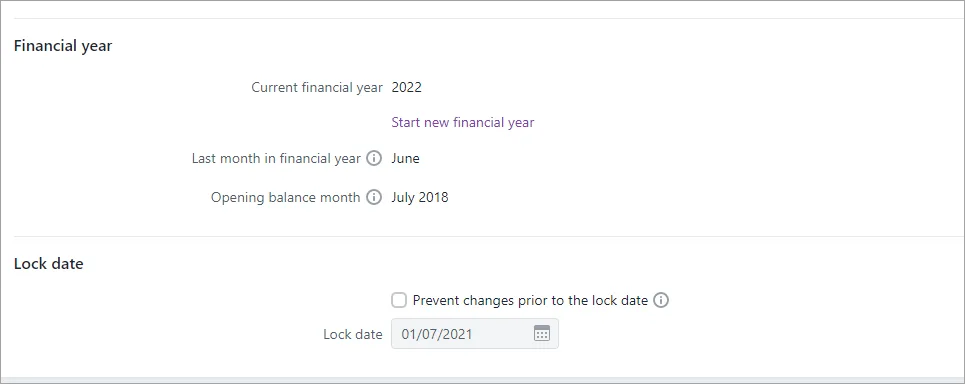 Start a new financial year link shown in business settings
