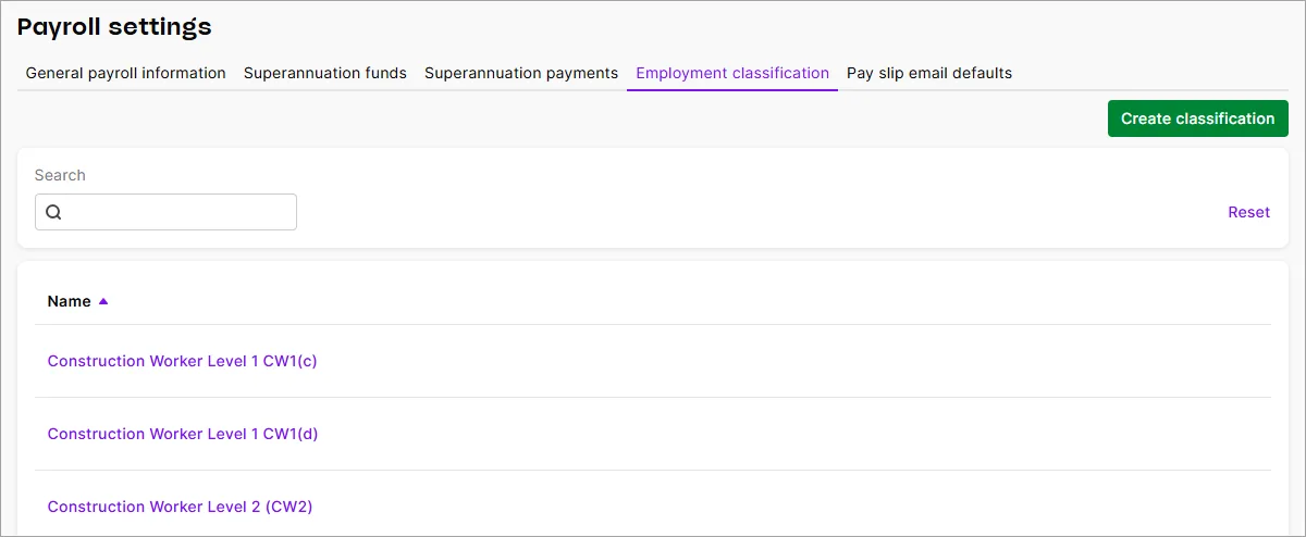 Default list of employment classifications in payroll settings
