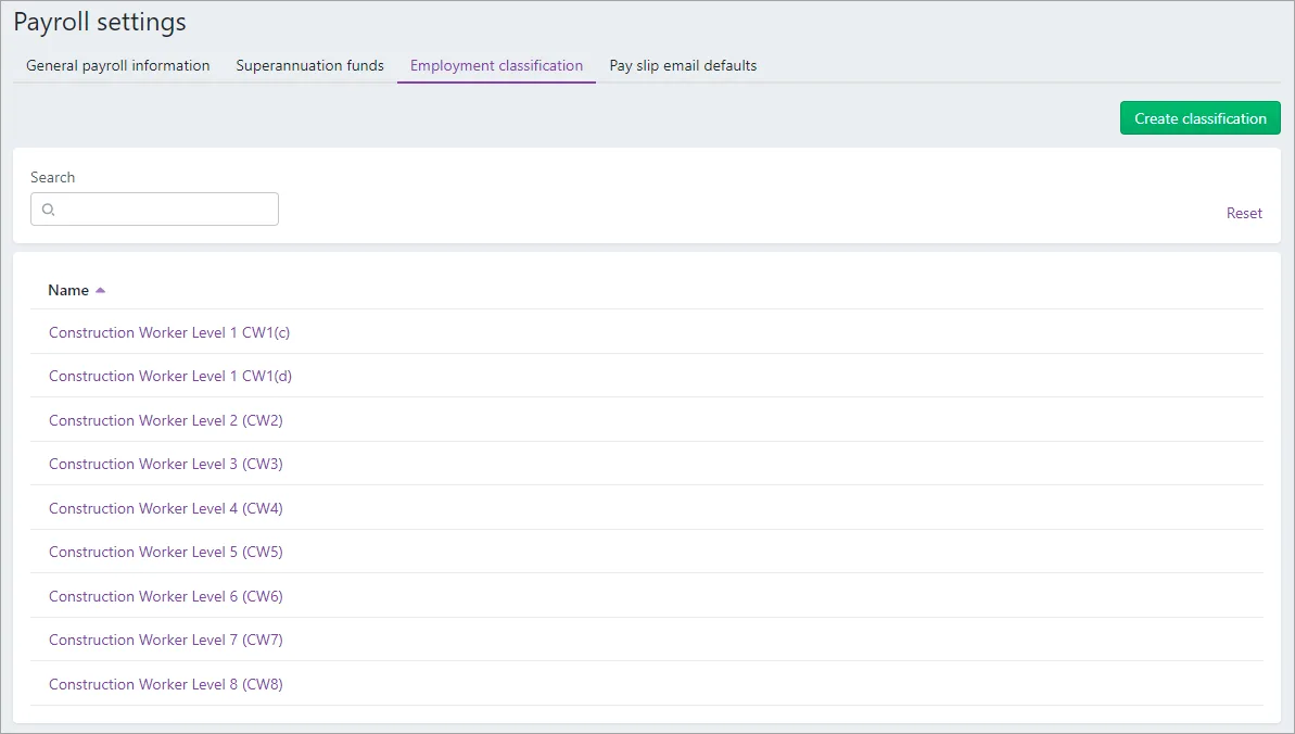 Default list of employment classifications in payroll settings