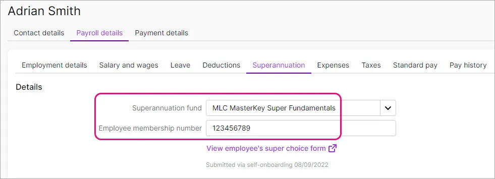 Example employee record with super fund details highlighted