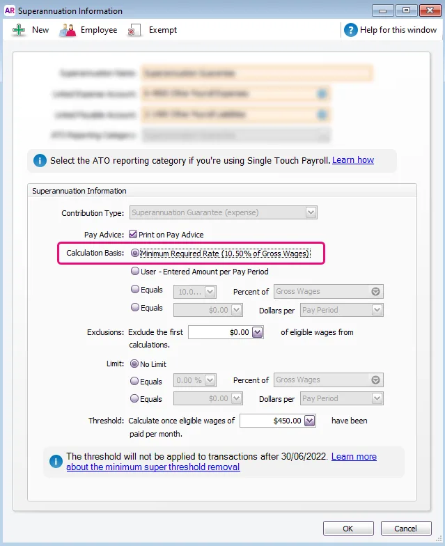 Example super guarantee payroll category with new option highlighted