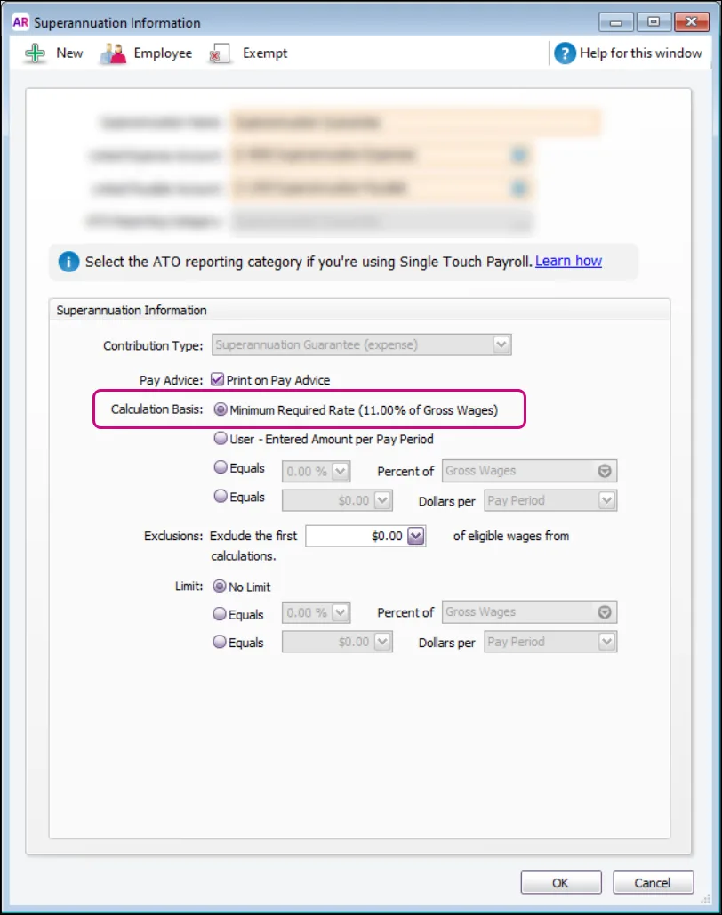 Example super guarantee payroll category with new option highlighted