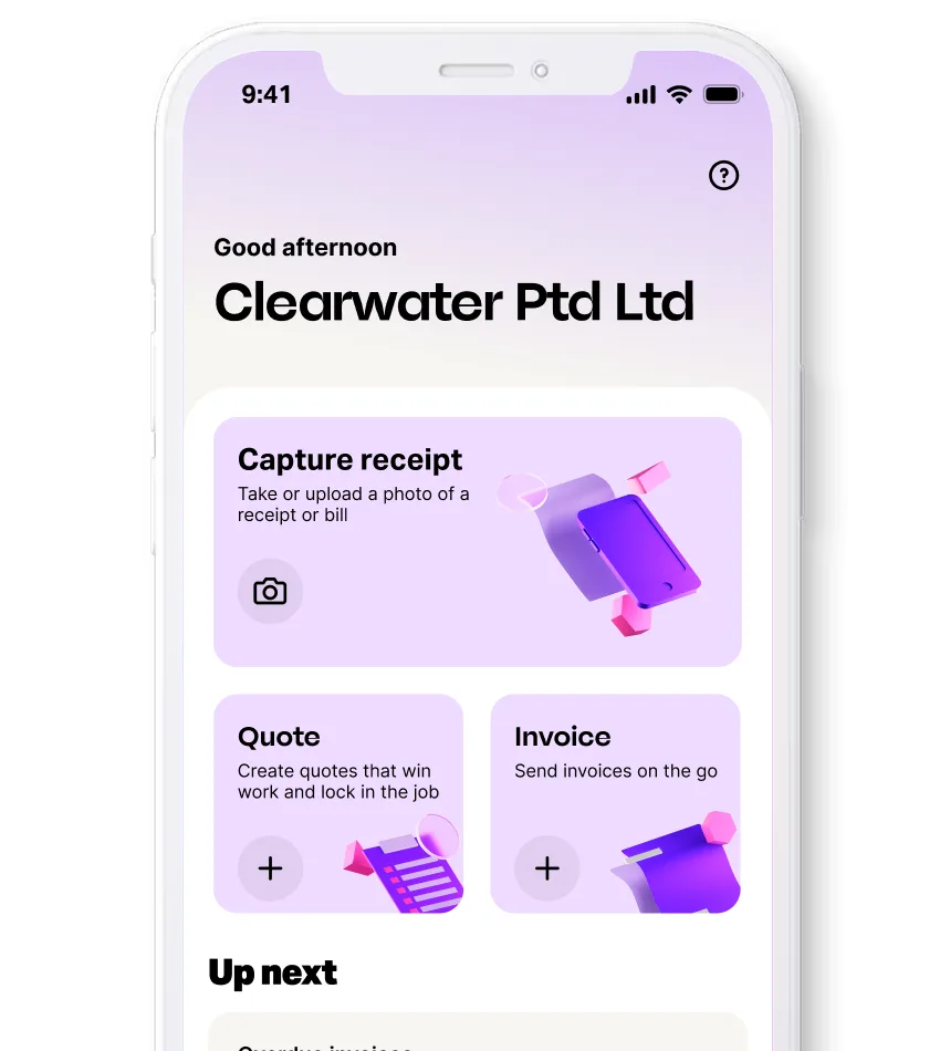 MYOB Assist landing page has option to upload a receipt or create an invoice.