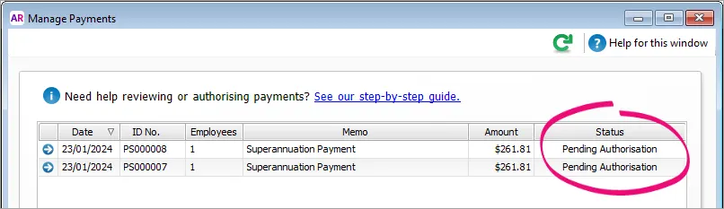 Example manage payments window with 2 super payments with status shown
