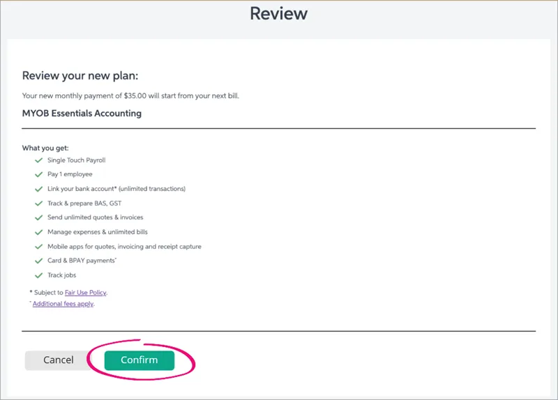 Review page with confirm button highlighted