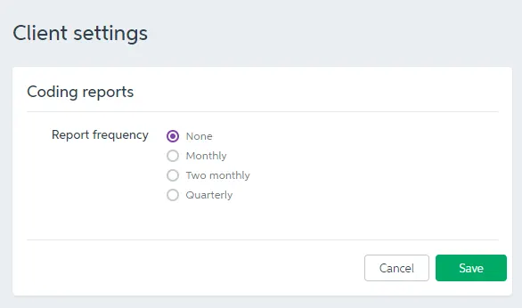 Client settings page showing Coding reports report frequency options: None, Monthly, Two monthly and Quarterly.