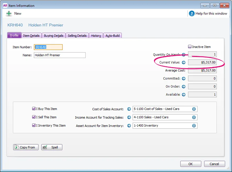 Example item with additional costs included in value