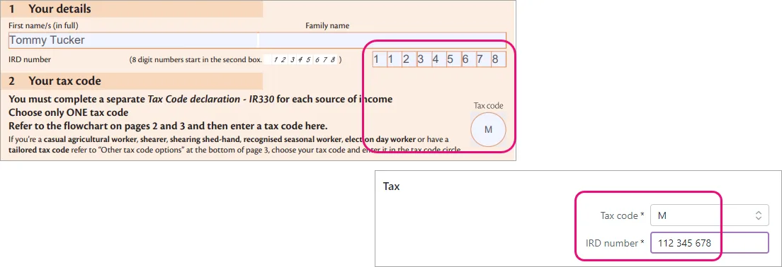 Tax details highlighted on example IR330