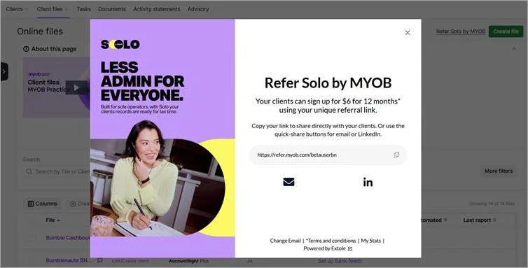 Refer Solo by MYOB message  pop-up over Online files