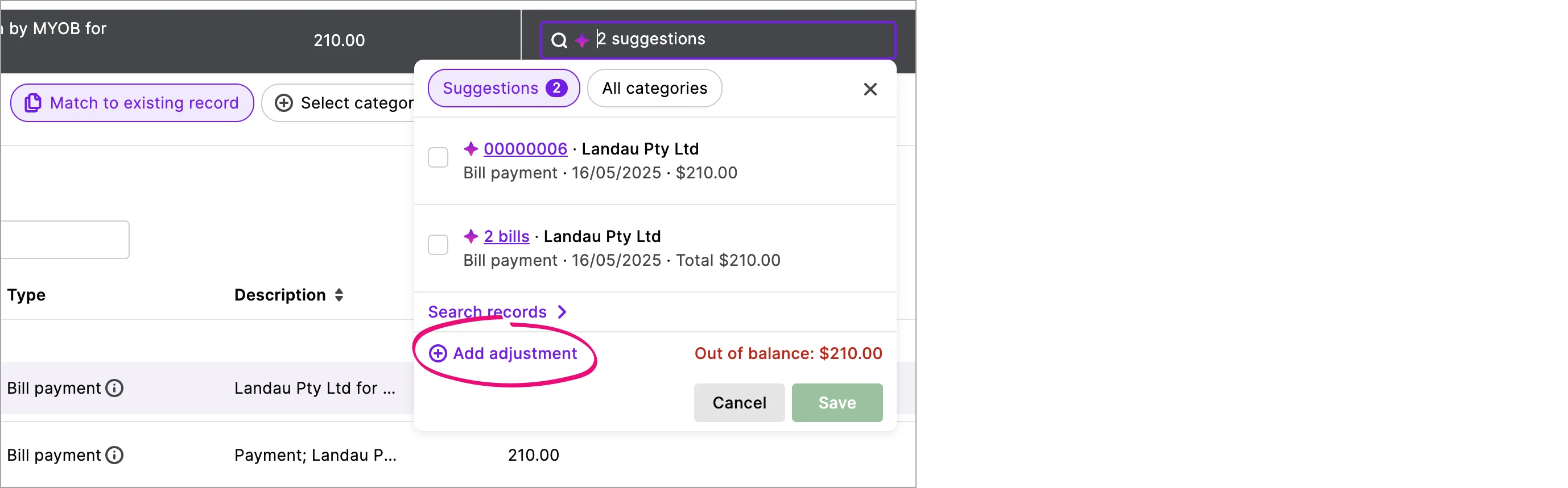 Bank transactions screen with add adjustment option highlighted