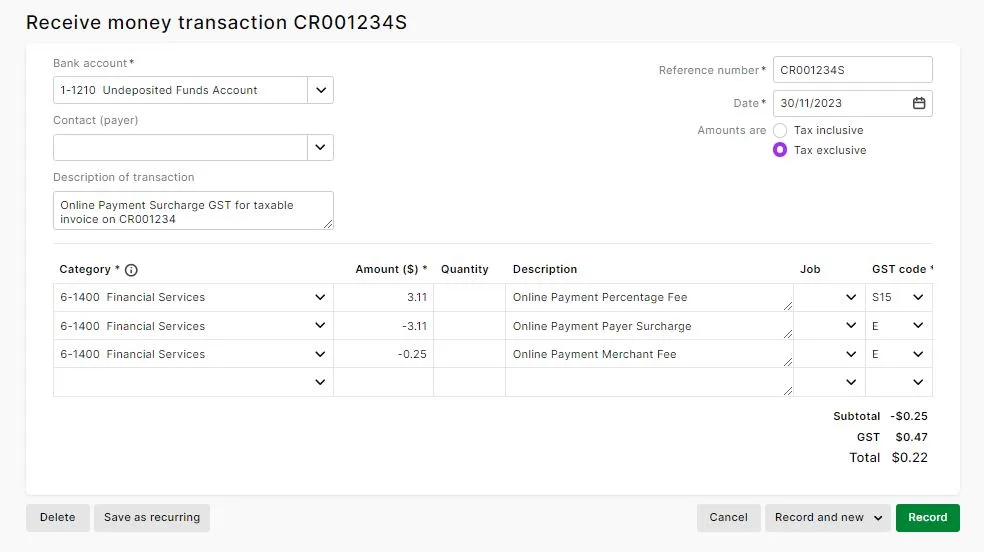 Example receive money transaction for an invoice with GST