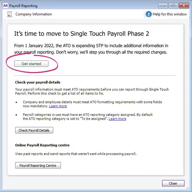 Example prompt in AccountRight to move to STP Phase 2