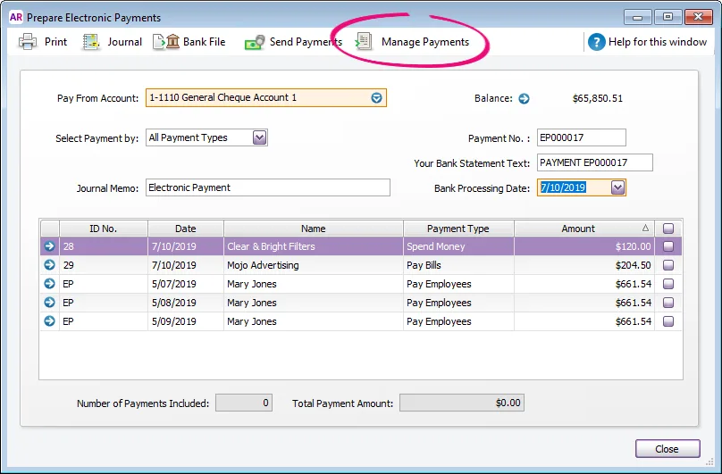 Manage Payments button highlighted