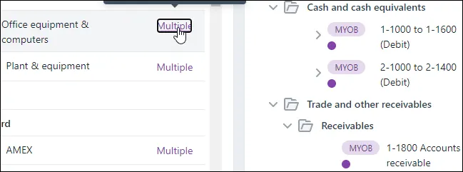 Cursor hovering over a Multiple link, with a panel showing accounts and debits grouped into folders.