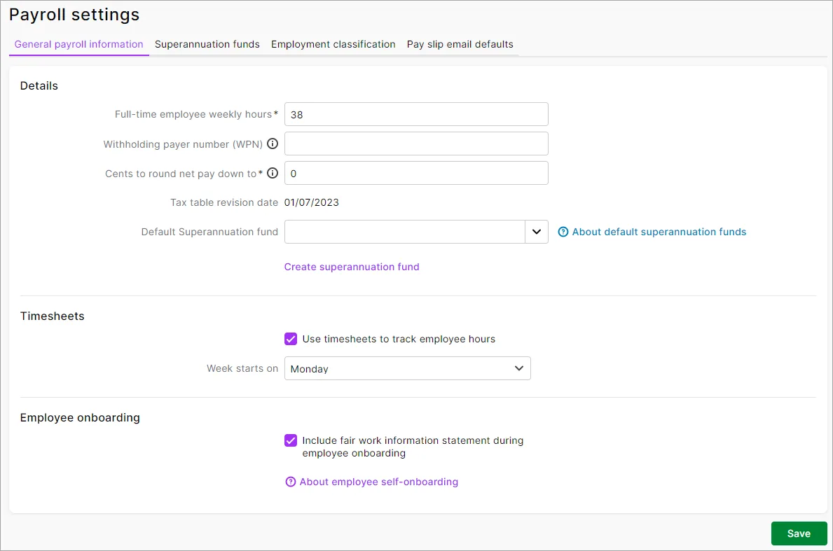 Payroll settings page