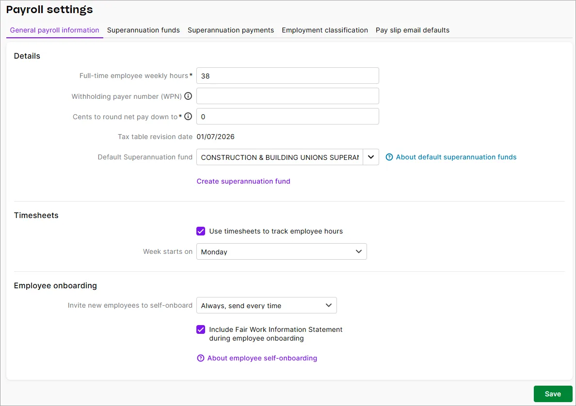 Payroll settings page