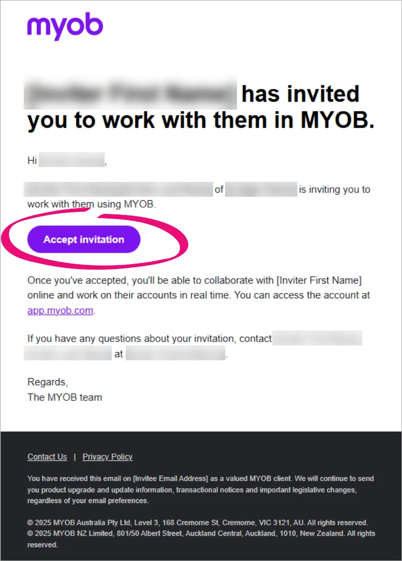 An email message explaining that you've been invited to a business, with an Accept invitation button highlighted.