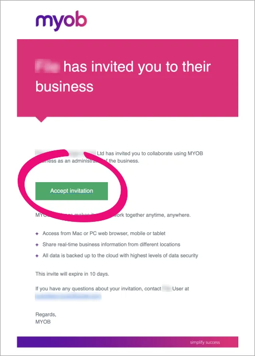 An email message explaining that you've been invited to a business, with an Accept invitation button highlighted.