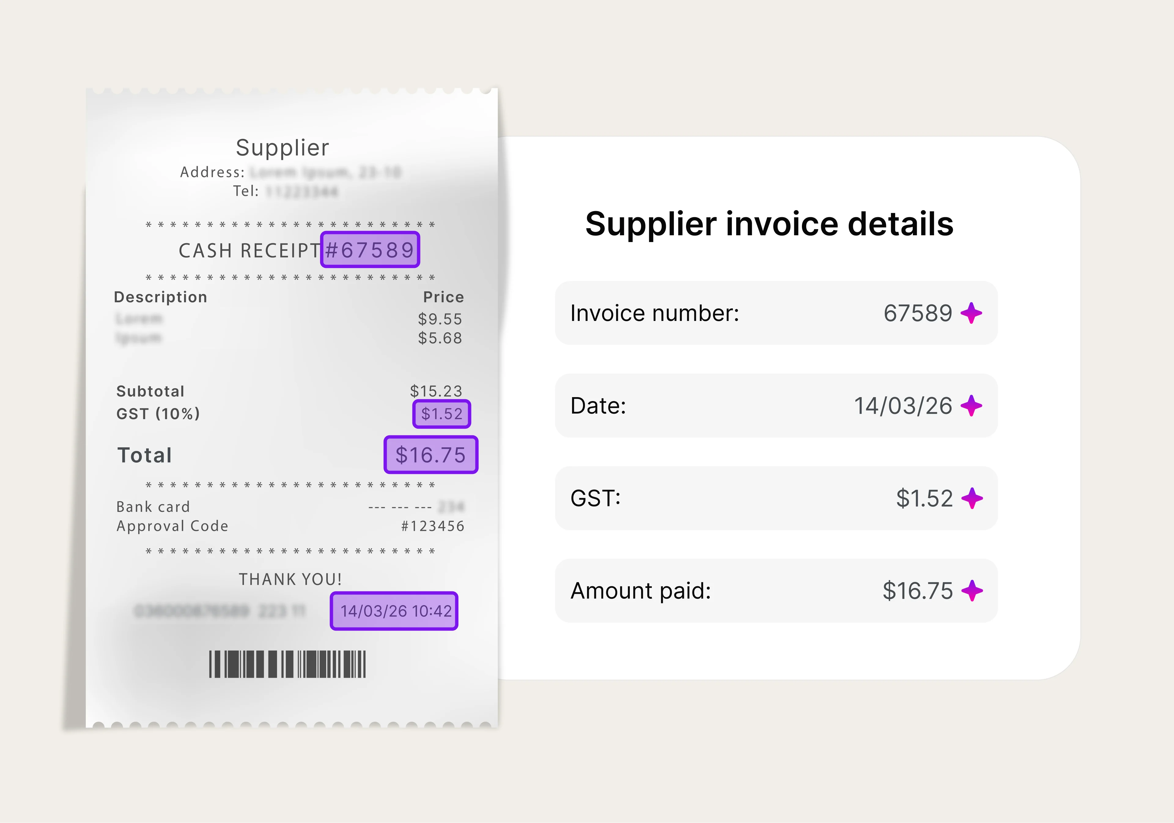 When you upload a receipt from the MYOB Assist app, AI extracts important data, including total, GST, date, and more - data syncs instantly with MYOB Business in the cloud for accurate bookkeeping.