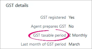 GST details GST taxable period setting highlighted.