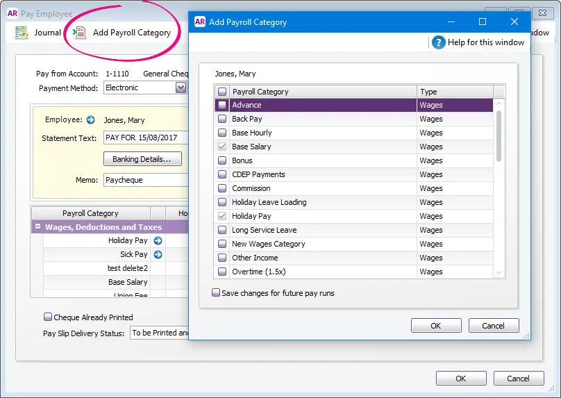 Example pay with add payroll category button highlighted