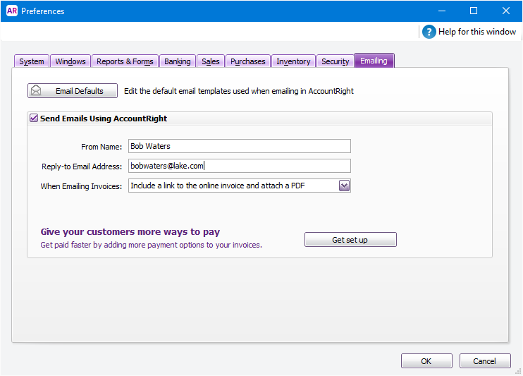 Set up AccountRight to send emails