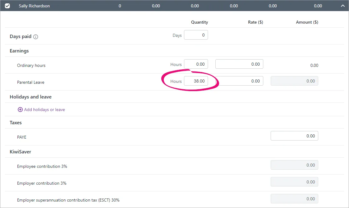 Example pay with hours entered against parental leave earning