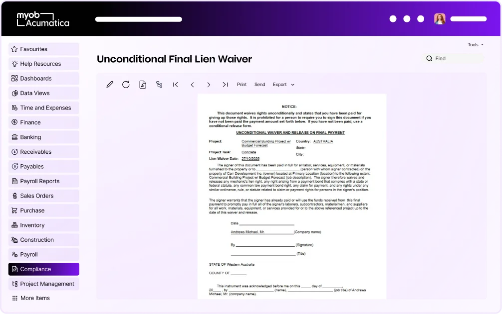 MYOB Acumatica interface showing an Unconditional Final Lien Waiver document for a construction project in Australia.