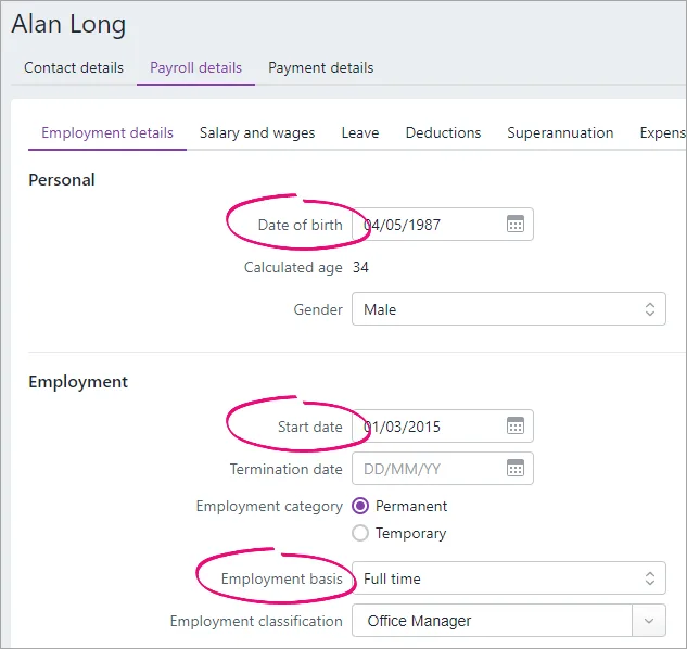 Example employment details