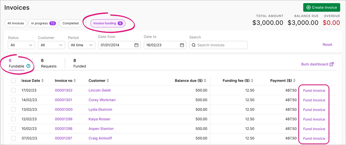 Example invoices page with fundable invoices highlighted