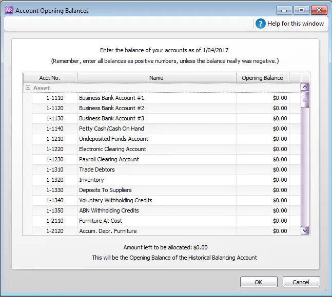 account opening balances