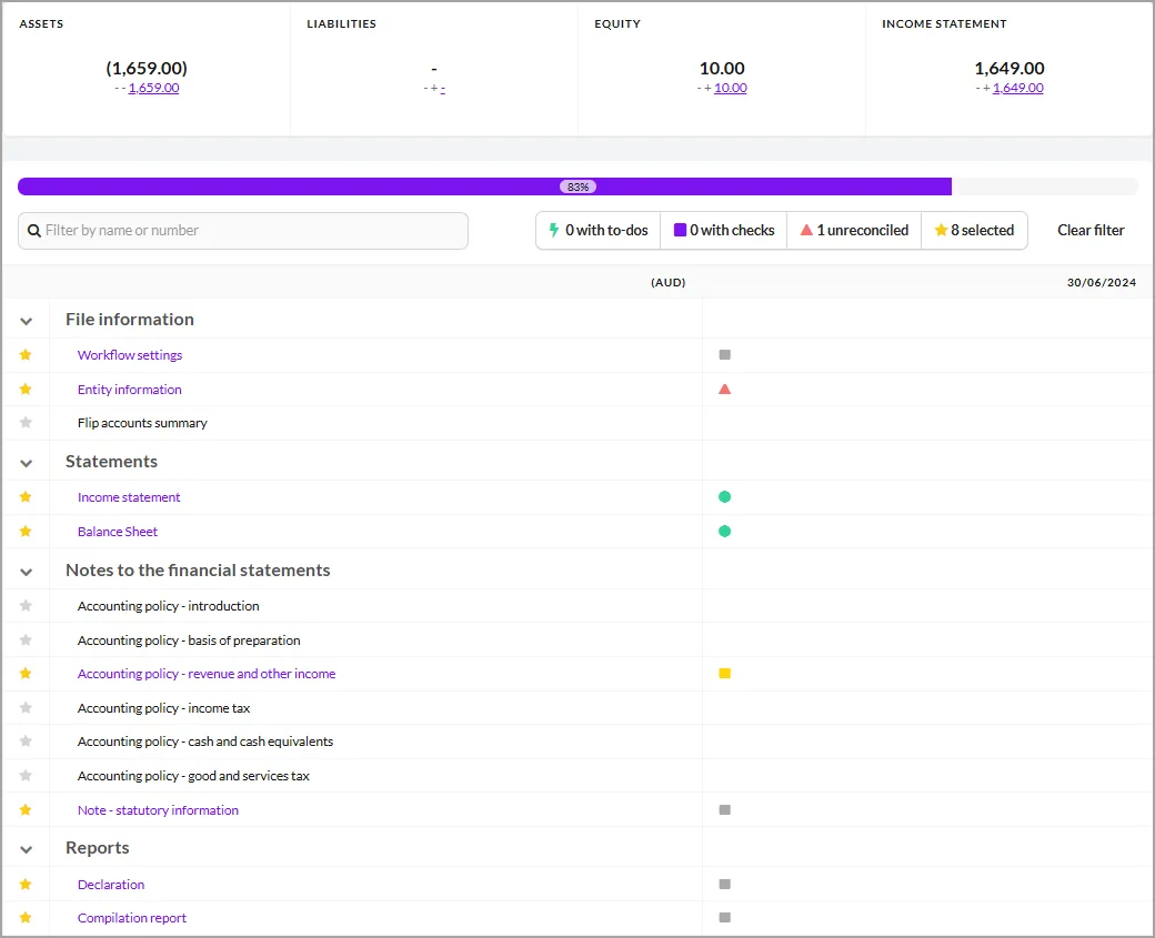 Financial statement showing links to file information, statements, notes and reports