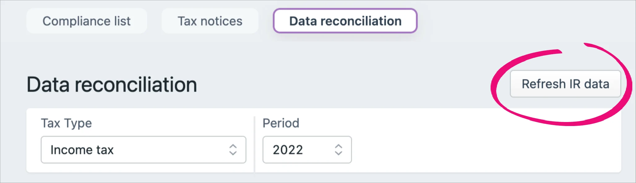 Refresh IR data button highlighted to the right of the Data reconciliation page title.