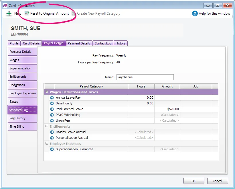 Example employee card with Reset to original amount button highlighted