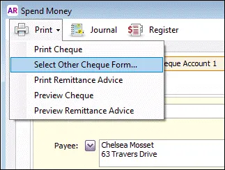AccountRight Select Other Cheque When Printing