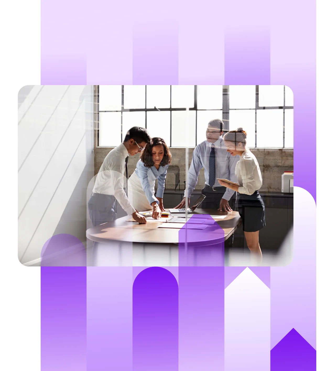 Four professionals gathered around a round table in an office, collaborating and reviewing papers. The image has a reflective overlay with MYOB purple gradient accents.