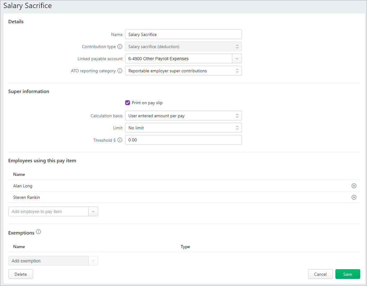 Set Up Salary Sacrifice Superannuation   Example Salary Dsacrifice Pay Item Setup 