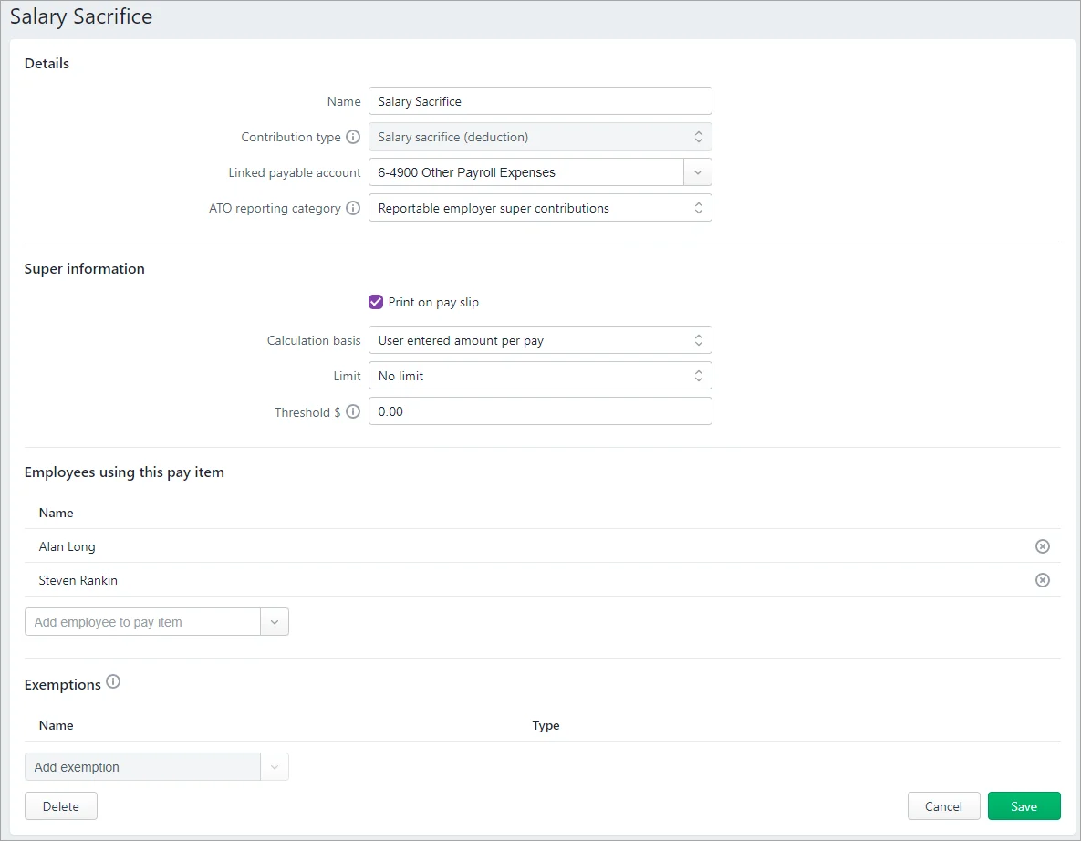 Example salary sacrifice pay item setup